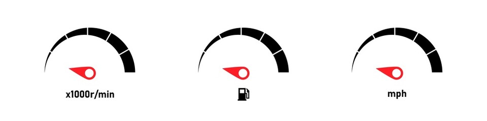 Car dashboard vector illustration. Car speedometer icon set. RPM KMPH fuel icons. RPM KMPH fuel indicator arrows. Vector graphic. - obrazy, fototapety, plakaty