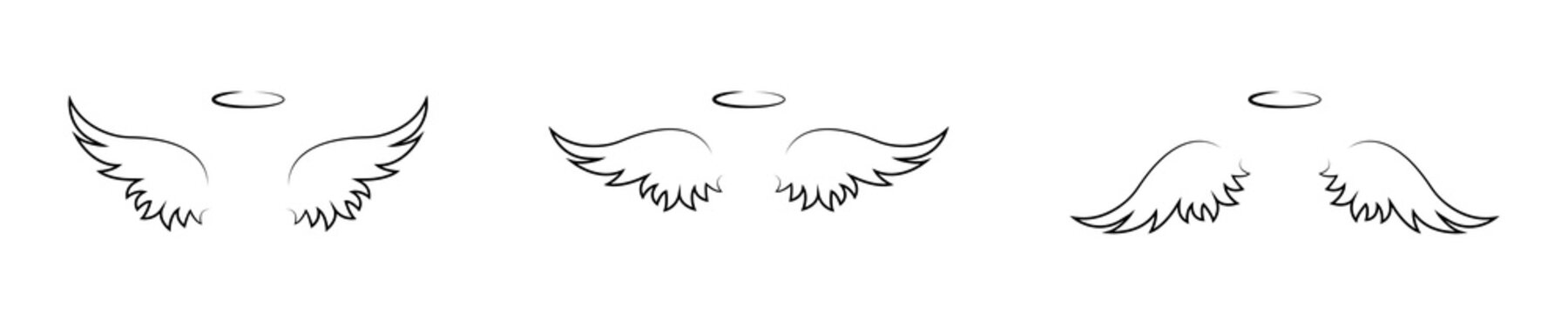 One line drawing wings set isolated on white background. Angel wings silhouette collection. Religious sign symbol icon set. Vector graphic.