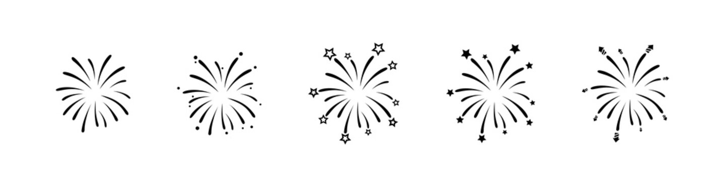 Fireworks icons set on white background for celebration design. Firework sunburst icon set. Fireworks collection. Celebration concept. Pyrotechnic icons. Vector graphic.