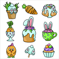 Easter sweets set. Cupcakes, pastries, lollipops.