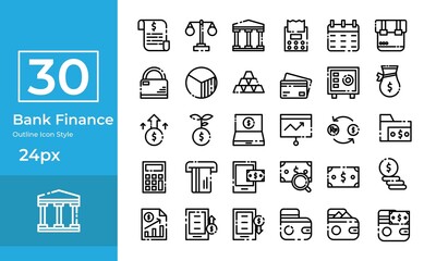 Bank finance icon set outline style.  Contain such invoice, law, bank, payment, and more.