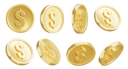 3d render of gold coins collection on white background,with clipping path. - obrazy, fototapety, plakaty