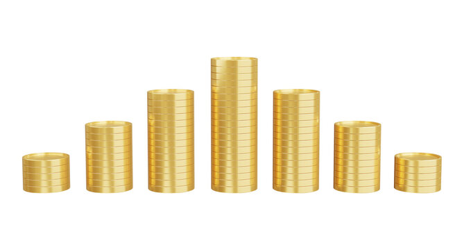 3d render of gold coins stacking  on white background,with clipping path.