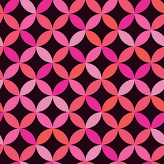 Mid century modern geometric circles seamless pattern in pink, red, coral on black background. For wallpaper, home décor and textile 