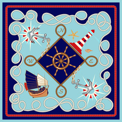 Nautical frame, travel concept pattern. Silk scarf design with, rope, ship wheel, lighthouse, anchor, marine elements, symbols