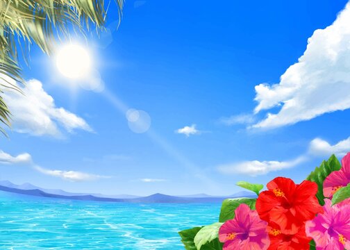 太陽の光差し込む青い空の下 美しい海沿いにヤシの木とハイビスカスの咲く夏のおしゃれフレーム背景素材 Stock Vector Adobe Stock