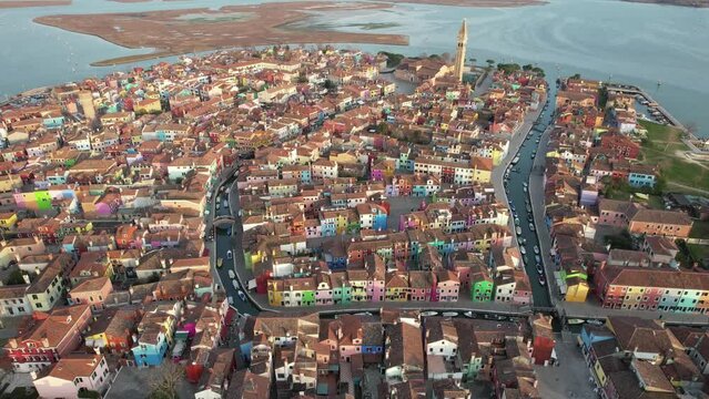 Aerial view of Burano, Venice, Veneto, Italy, Europe