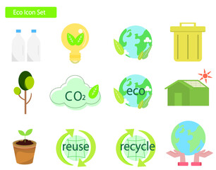 エコ・環境 アイコンセット。リサイクル、リユース、地球、太陽光発電、自然・ベクターイラスト