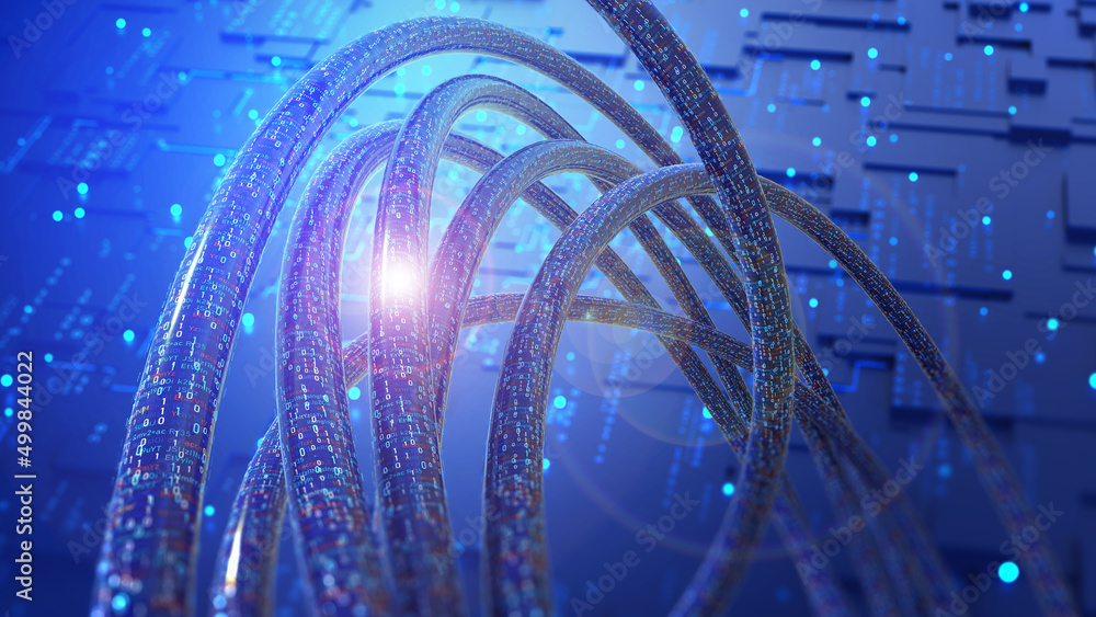 Poster Information in digital coded streams. 3D illustration of interlaced beams of data code. Cyber field of bright high-tech solutions