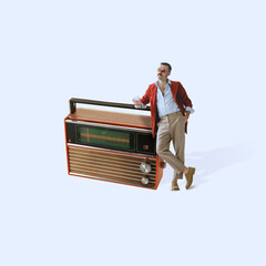 Contemporary art collage. Stylish brutal man leaning on retro radio set, listening to music, having relaxation isolated over light purple background