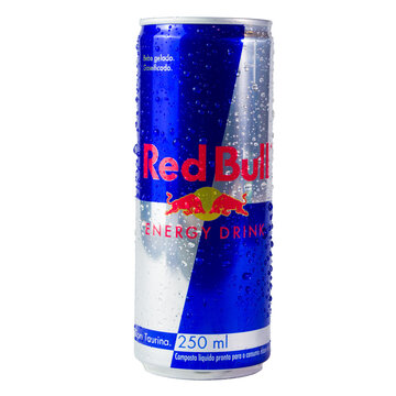 Porto Alegre, Brasil April 15 - 2022: Photo of red bull cold can on white pure background.