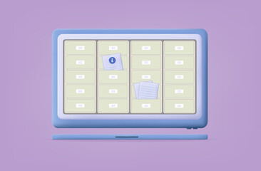 3d archive file on computer screen. Storage or catalog of documents in drawers. The concept of online safety of business documents, information search, electronic dossier in boxes. Vector illustration