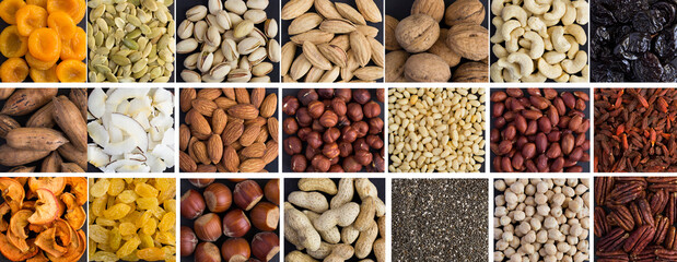 Collage of dried nuts and fruit on the black background. Top view.