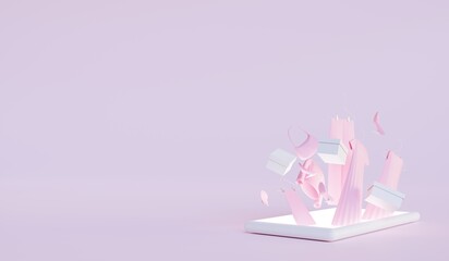 Online store. Lying smartphone  with flying off clothes, shoes and bag on pink background. E-commerce or online shopping concept. 3d render