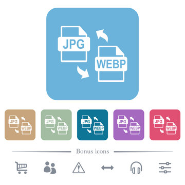 JPG WEBP file conversion flat icons on color rounded square backgrounds