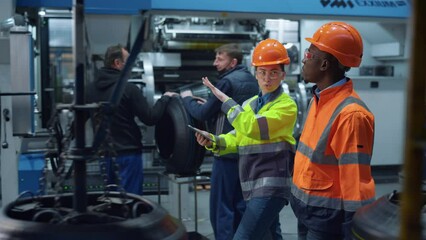 Focused colleagues discussing project work at huge modern special factory. - Powered by Adobe