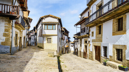 Old mountain village square with mountain water channels, Candelario Salamanca.