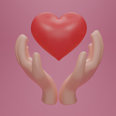 3D render Hands hold a red heart. Friendship and love icons. social responsibility, mutual love icons. Trust friends, partnership. Healthcare concept. world heart day, 3D rendering illustration.