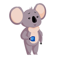 Cute koala sleepy isolated on white background. Cartoon character drink coffee.