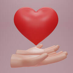 3D render Hands hold a red heart. Friendship and love icons. social responsibility, mutual love icons. Trust friends, partnership. Healthcare concept. world heart day, 3D rendering illustration.
