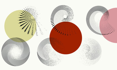 Grunge lines in Circle Form . Spiral Vector Illustration .Textured round Logo . Design element . Abstract Geometric circular shapes .Rotating grunge radial line. Concentric circles