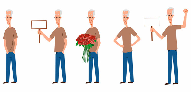 Set the character of the male. A white-haired, thin man with a text sign in his hand. A guy with a twb. Vector illustration in flat cartoon style.