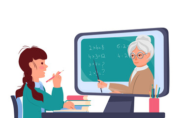 Little girl is sitting at a table and looking at a computer monitor. On the screen an elderly teacher explains mathematics. Online education. Vector illustration in flat style on a white background