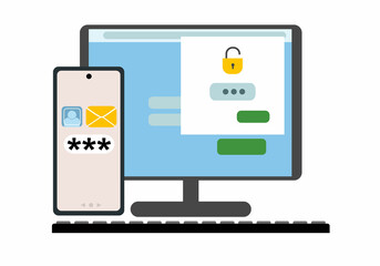 Two-factor authentication security. Login confirmation notification with a message in the envelope with the password code. The lock icons on the PC account.