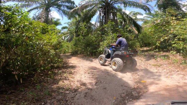 action cam of tourists riding ATV's through the jungles of Thailand surrounded by coconut palm trees on a dirt road during a hot sunny summer day
