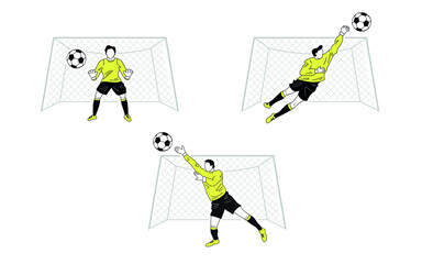 Set of football, soccer goalkeepers in motion.  Flat cartoon minimalistic players in black and yellow colours. Lively figures in different poses in the gate.