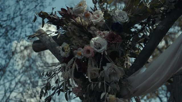 Detail Of A Beautiful Flowers Decorated For Arch On Wedding Ceremony - Outdoor Wedding - Close Up Shot. Close up shot of Festive wedding.
