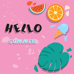 Hello Summer. Colorful summer background design banner with fruits. Poster, greeting card, website
