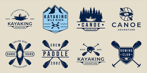 set of kayak or canoe logo vector vintage illustration template icon graphic design. bundle collection of various paddle or rowing sign or symbol for adventure sport travel and business