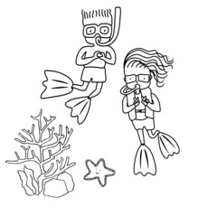 Hand drawn boy and girl diving under the ocean. Vector illustration on white background