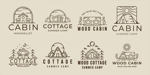 set of cabin or cottage logo line art simple minimalist vector illustration template icon graphic design.bundle collection outdoor adventure emblem for nature concept with badge and typography - obrazy, fototapety, plakaty