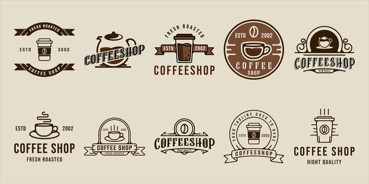 set of coffee shop logo line art vector vintage illustration template icon graphic design. bundle collection of various drink or beverage sign or symbol for cafe or business restaurant with badge