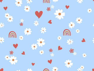 Seamless pattern with daisy flower, rainbows and hand drawn hearts on blue background vector illustration.