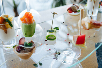 tartlets, tuna with pineapple mousse with shrimp and orange