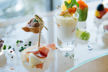 tartlets, tuna with pineapple mousse with shrimp and orange