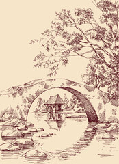 Stone bridge over river landscape and a water mill hand drawing