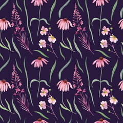 Seamless pattern with wild flowers and leaves. Watercolor hand painted  illustration on dark purple. Great for fabrics, wrapping papers, wallpapers, covers. Summer textile print.