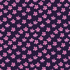 Fototapeta na wymiar Seamless pattern with pink flowers. Watercolor hand painted illustration on purple. Great for fabrics, wrapping papers, wallpapers, covers. Summer textile print.