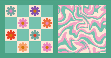 Fototapeta na wymiar 1970 Daisy Flowers on Grid Background, Wavy Swirl Seamless Pattern Set in Azur, Pink and Beige Colors. Hand-Drawn Vector Illustration. Seventies Style, Groovy Background, Wallpaper. Flat Design, Hippi