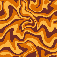 1970 Wavy Swirl Seamless Pattern in Orange and Brown Colors. Hand-Drawn Vector Illustration. Seventies Style, Groovy Background, Wallpaper, Print. Flat Design, Hippie Aesthetic.