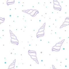 Summer seamless pattern with doodle seashell on white background. Cute Vector illustration for wrapping paper, fabric design, apparel print, party invitations, banner. Pastel color background