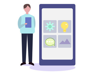 スマホと男性 スマホ・携帯のシステムや設定を操作する男性。大きいスマホ 。ベクターイラスト