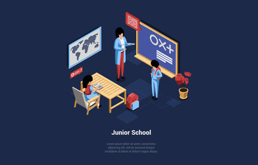 Back to School Concept. Happy Students in Classroom With Teacher. Boy Student At Blackboard. Girl Sitting At Desk And Listen To The Teacher. Teacher Explains Topic. Isometric 3D Vector Illustration
