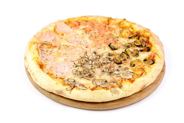 Seafood Pizza with mussels and shrimps on wooden cutting board isolated on white