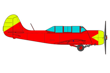 Vista lateral de avión acrobático rojo Yak-52