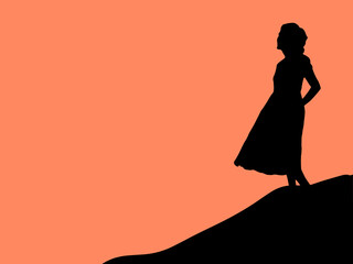 Woman silhouette standing at sunset vector illustration on orange background, she or female in dress posing with flying skirt on mountain peak on sunny day. Empty copy space for texts. Digital art.